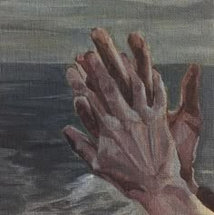 a painting of a hand reaching out to the ocean