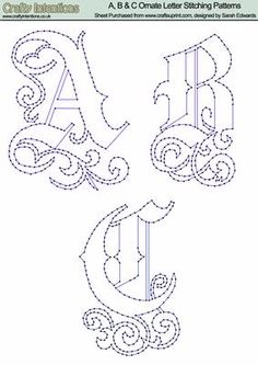 an embroidery pattern with the letter s and c on it, in three different styles