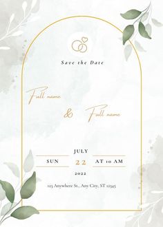 wedding save the date card with watercolor leaves and gold frame on white paper background