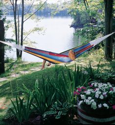 a person laying in a hammock on the grass next to flowers and trees