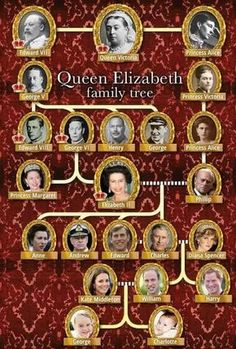 the queen elizabeth family tree is shown in gold and red, as well as other people's heads