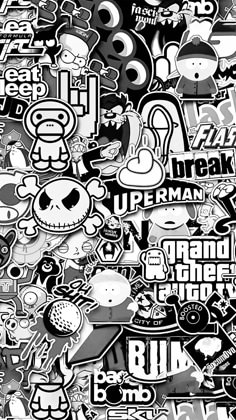 a bunch of stickers that are all over the place in front of a black and white background