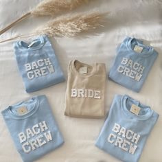 four t - shirts that say bach crew and each one has a name on it