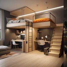 a loft bed sitting next to a desk in a bedroom