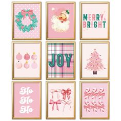 six framed christmas cards in pink and gold with ornaments, wreaths, pine tree, merry bright, joy