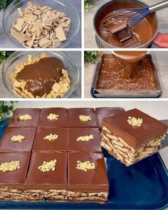 there are four pictures of different desserts on the same plate, including chocolate and nuts