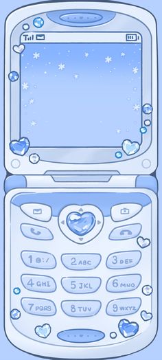 an old cell phone with hearts and bubbles on the screen is shown in this image