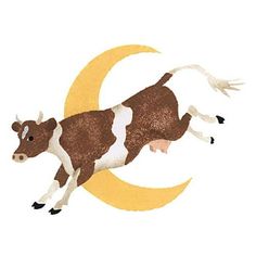 a brown and white cow is jumping over the moon