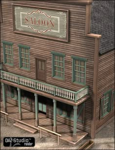 a model of a saloon building with green shutters and balconies on the second floor