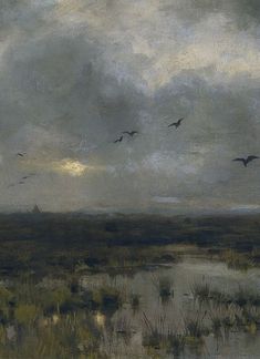 a painting of birds flying in the sky over a marshy area with water and grass