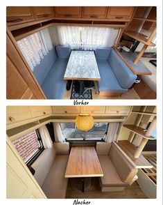 before and after shots of the interior of a travel trailer, including dining area with built - in kitchen