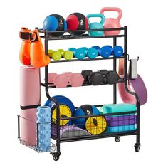 a rack filled with different types of exercise equipment