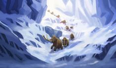 an ice age scene with mammoths walking in the snow, and other animals on the ground