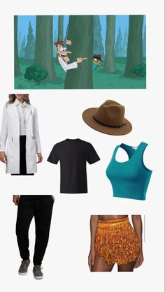 various items are arranged in the shape of an animated character's avatar, including clothing and hats