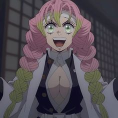 an anime character with pink hair and green eyes