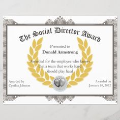 a certificate for a social director award