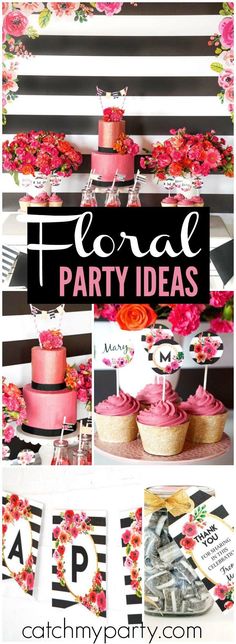 pink and black floral party ideas