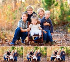 a group of children sitting on top of a chair in front of trees and bushes