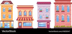 four different colored buildings with windows and awnings