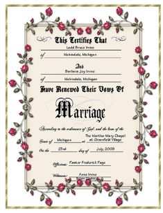 a marriage certificate with roses on it