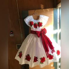 Embroidery Fabric With Elastic In The Waist And Arms Red Charro Dama Dresses, Folklorico Dresses Diy, Red Dresses For Damas, Quince Damas And Chambelanes, Traditional Quinceanera Dresses Mexican, Charro Decorations For 15, Quince Damas Dresses, White Dama Dresses, Quince Court Outfits