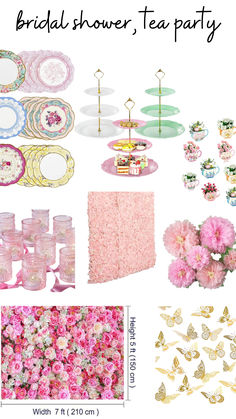 the bridal shower tea party is set up with pink flowers and gold butterfly decorations