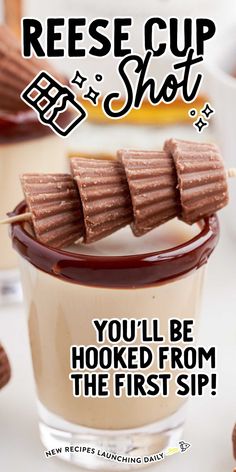 an advertisement for reese cup shot with chocolate on top and marshmallows in the background