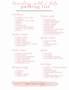 a pink and white poster with the words packing list on it's back side