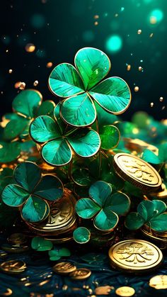 a pile of gold coins sitting on top of each other next to green leaves and shamrocks