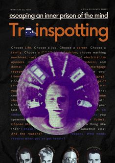 an advertisement for trainspoting with three men in the background