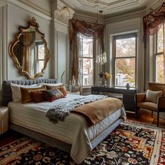 a large bed sitting in a bedroom on top of a rug next to a window