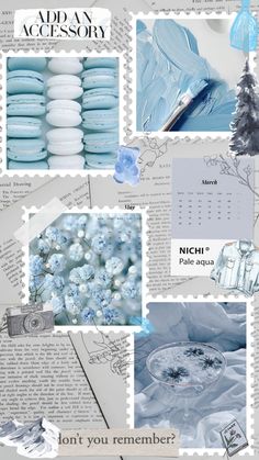 a collage of blue and white images