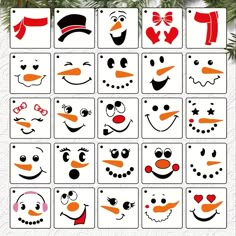 a christmas card with many different faces and noses on it's sides, including snowmen