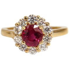 GIA Certified 1.54Ct Natural Ruby Ring Report: 2175098047 Oval cut Clean Clarity 6.67 X 6.19 X 4.61mm GIA: Red Heat Only. .88ct. side round diamonds. G-color vs-2 clarity. 18kt. yellow gold 5 Grams. Rings Size: 7 & can be resized, please inquire first. Diameter of ring: .46 inch $18,000 Appraisal & GIA Report to accompany. Natural Ruby Ring, Diamonds Ring, Modern Ring, Ruby Ring, Natural Ruby, Antique Rings, Modern Jewelry, Solitaire Ring, Oval Cut