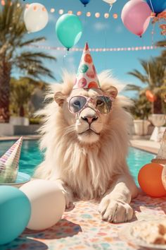 a lion wearing a party hat and sunglasses sitting next to a pool filled with balloons