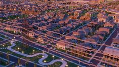 an aerial view of a city at night