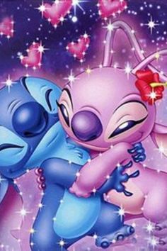 two cartoon characters hugging each other with stars in the background