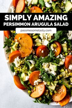 Juicy persimmon slices sit on top of an arugula avocado salad. Arugula Persimmon Salad, Persimmon Salad, Chili Lime Vinaigrette, Big Salads, Winter Side Dishes, Gluten Free Recipes Side Dishes, Persimmon Recipes, Gluten Free Sides, Simple Vinaigrette