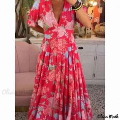 Olivia Mark - Elastic Neckline Floral Maxi Dress - Perfect for Beach Holidays and Resort Getaways Cotton Blends Dress, Maxi Robes, Tallinn, Polyester Dress, Women Long Dresses, Look Plus, Types Of Dresses, Pocket Dress, Dress Size Chart