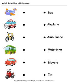 a worksheet with different types of vehicles