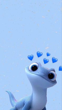 a small blue and white toy with hearts coming out of it's eyes on a blue background