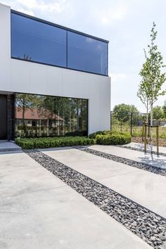 a modern house with large windows and landscaping