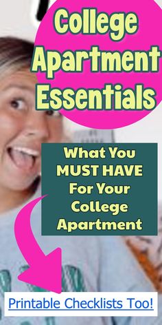 an advertisement for college apartment essentials with a girl laughing and pointing at the camera