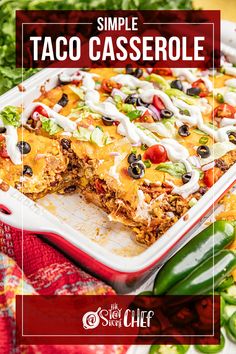 This contains: An overhead view of a taco casserole in a dish Simple Taco Casserole, Taco Bowl Casserole, Taco Bake Recipes Casseroles, Easy Taco Meals For Dinner, Taco Squares Casserole, Street Taco Casserole, Taco Chip Casserole, Easy Taco Dinner Recipes, Crunchy Taco Casserole