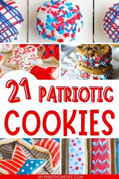 patriotic cookies with red, white and blue sprinkles in the middle are shown