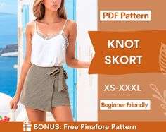 a woman is standing in front of a blue door with the words knott skort xs - xxl beginner friendly