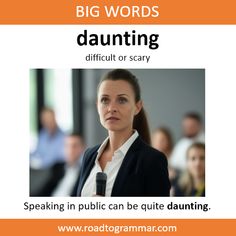 a woman speaking into a microphone with the words, big words daunting difficult or scary