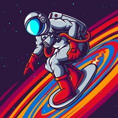 an astronaut floating in space on top of a spirally rainbow colored background with stars