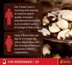 a bowl filled with nuts sitting on top of a table next to a sign that says eat 3 brazil nuts in morning and evening to improve spam quality,