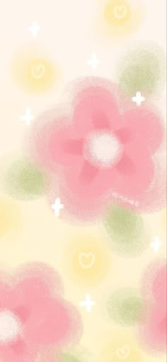 an abstract painting with pink flowers and hearts on the bottom right corner, in pastel colors